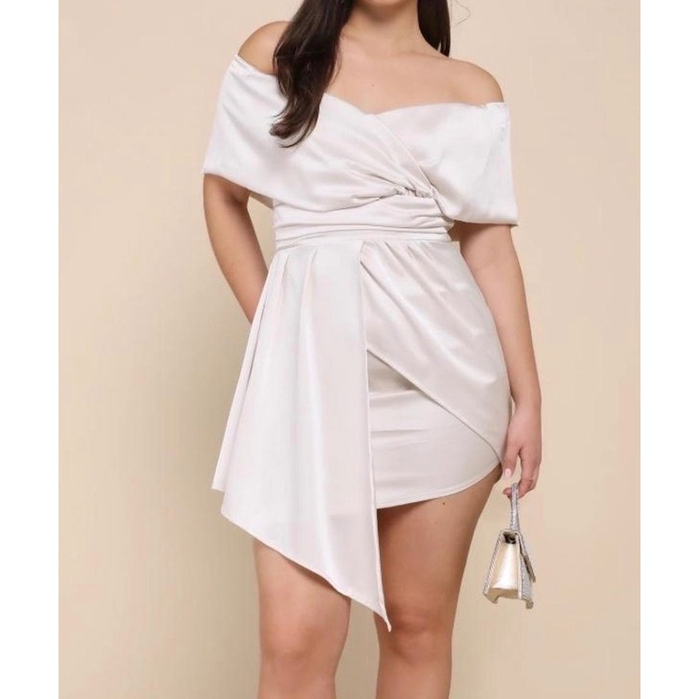 Lulus Champagne Satin‎ Off Shoulder Wrap Ruched Waist Asymmetrical Hem Dress M